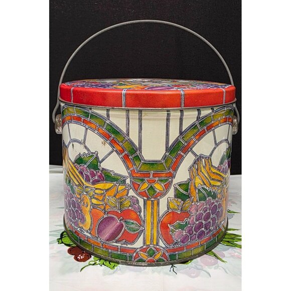 Vintage Tin Container with Fruit and Vegetable Stained Glass Pattern Fall Decor - Picture 1 of 11